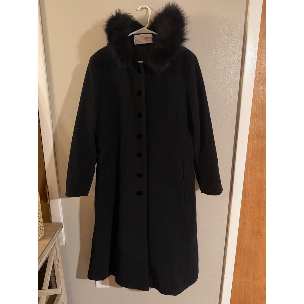 J. G. Hook Black Wool‎ Blend Coat with Fur Trim Hood Full Length Women